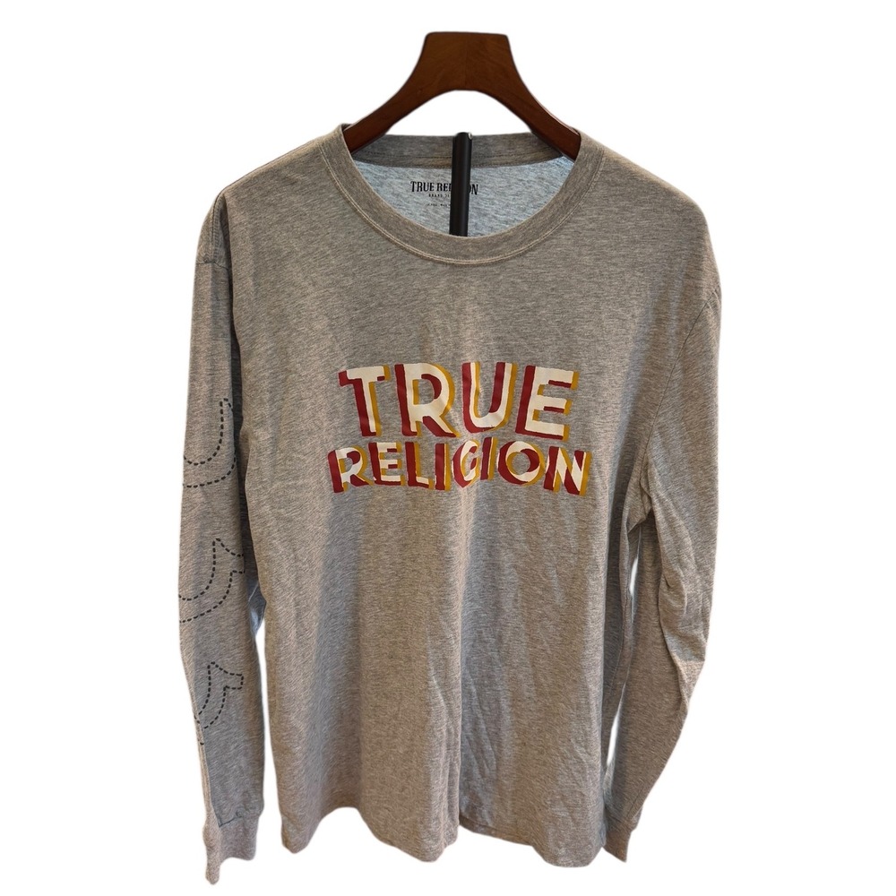 TRUE RELIGION Men's Heather Grey Printed Logo Long Sleeve T-Shirt Sz XL Side hit